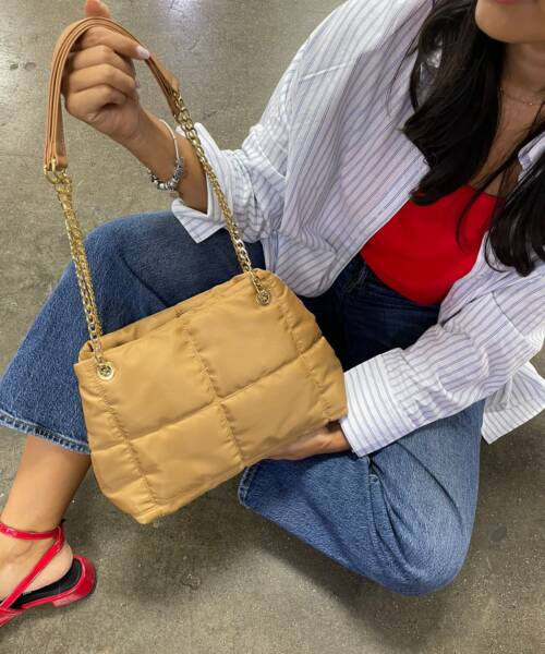 Mini Bolsa a Cuadros Bimba Camel Asa Cadena 23 9016