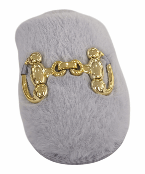 30 2304 Pantufla Gris Afelpada Con Detalle Dorado