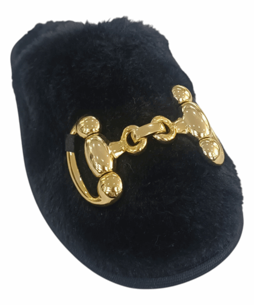 30 2304 Pantufla Negro Afelpada Con Detalle Dorado