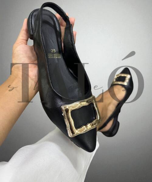 Flats tipo Valerina Negro Charol Texturizado Cuadro Dorado 044 2503
