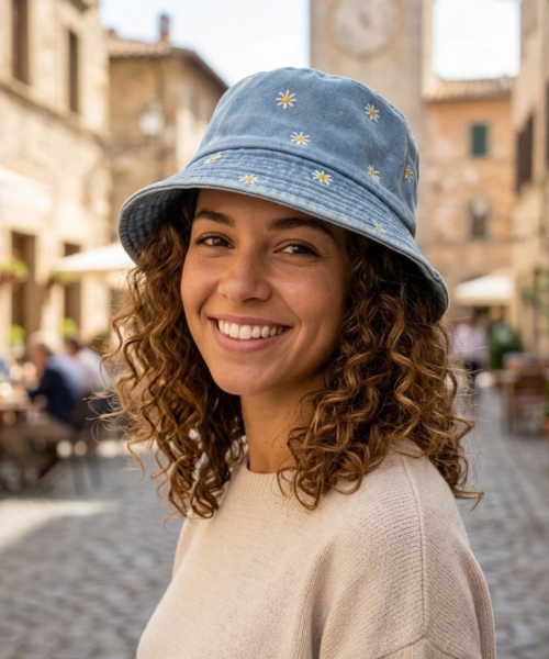 Sombrero Bucket de Mezclilla Azul claro con Flores Mod. 10 0533
