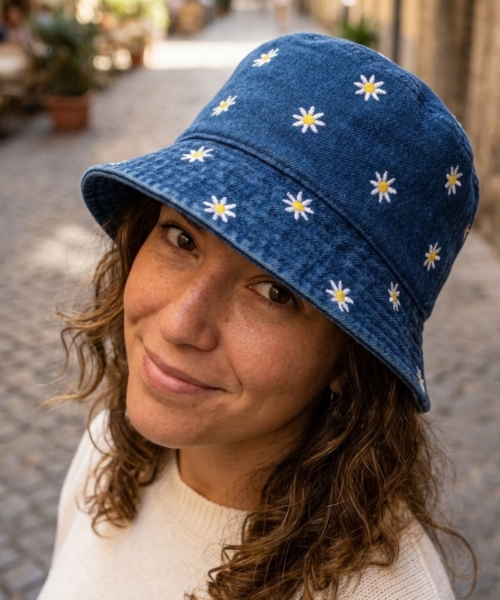 Sombrero Bucket de Mezclilla Azul oscuro con Flores Mod. 10 0533