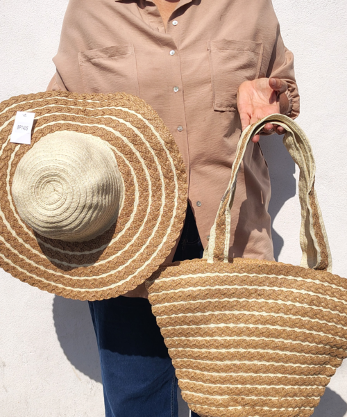 Combo Bolsa y Sombrero Rayas Color Arena Mod. 35 0140